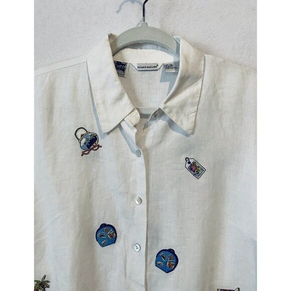 Richard Malcolm Top Womens XL Button Up 3/4 Sleeve Irish Linen Embroidered - Picture 2 of 6